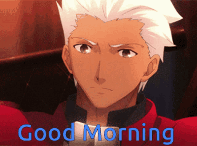 a man in a red jacket with the words good morning on the bottom