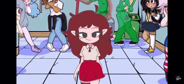 a girl in a red skirt is standing in a room with other people