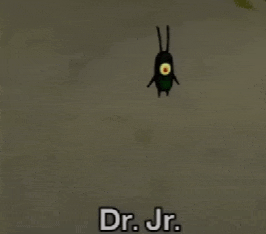 a cartoon character named dr. jr. is flying in the air .