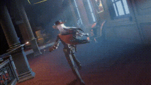 a man in a cowboy hat is running through a dark hallway with a sword .