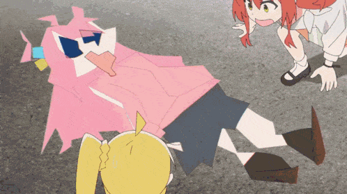 a girl in a pink shirt is laying on the ground while another girl looks on
