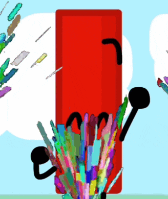 a cartoon drawing of a red object with a bunch of colored pencils coming out of it 's mouth