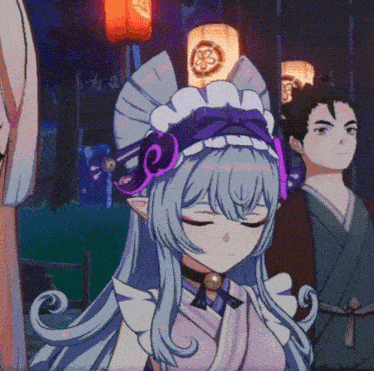 a girl in a maid costume is standing in front of a man in a kimono holding a lantern .
