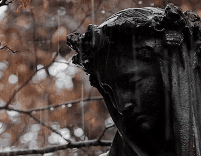 a statue of a woman with a crown of thorns on her head in the rain
