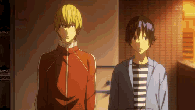 two anime characters are standing next to each other with the letters nhk on the bottom left