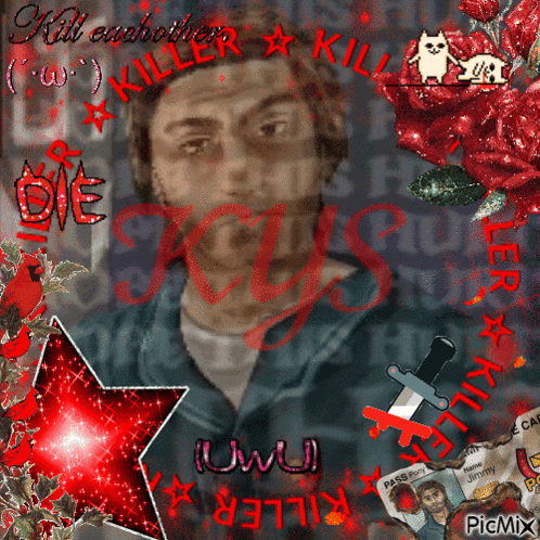 a picture of a man with the words kill eachother written around him