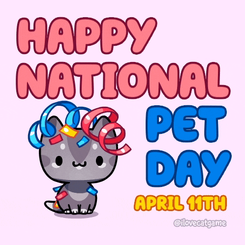 a cartoon cat with ribbons on its head says happy national pet day