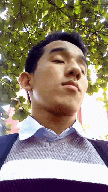 a young man wearing a striped sweater and a white shirt