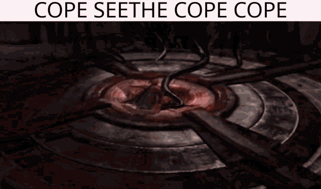 a video game character is kneeling down in front of a red circle with the words cope seethe cope cope written above him .