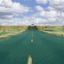 a yellow car is driving down a green highway
