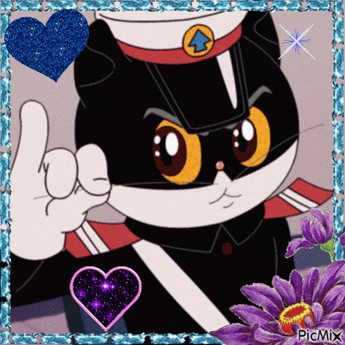 a picture of a cartoon cat giving a thumbs up with purple flowers in the background