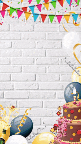 a white brick wall with balloons and a cake with the words happy birthday written on it