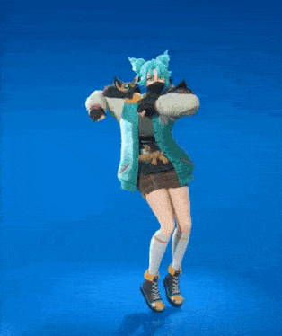 a girl with blue hair is wearing a jacket with two cats on the sleeves