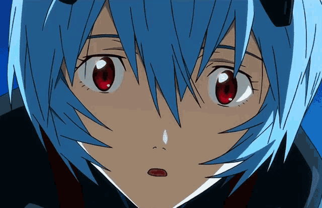 a close up of a blue haired anime girl with red eyes