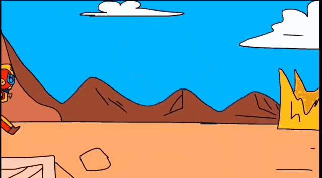 a cartoon drawing of a desert with mountains and a blue sky