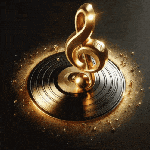 a gold treble clef is on top of a record with the letters en on it