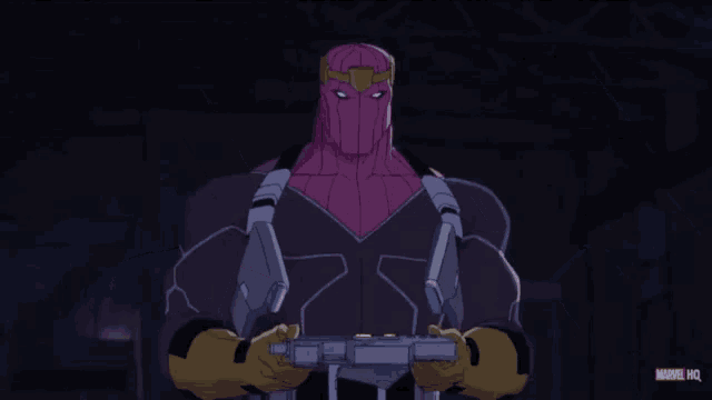a cartoon of a purple superhero with a marvel logo in the corner