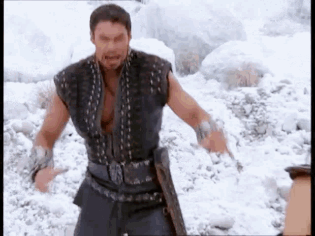 a man is standing in the snow holding a sword and a shield .