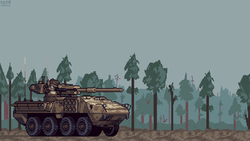 a pixel art drawing of a tank firing a missile