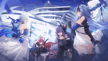 a group of anime girls are standing in front of a ship that says cruise