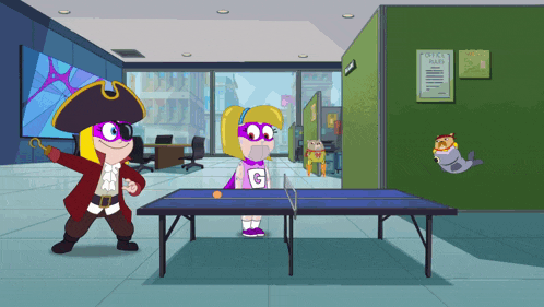 a pirate and a girl are playing ping pong in a room with a notice board