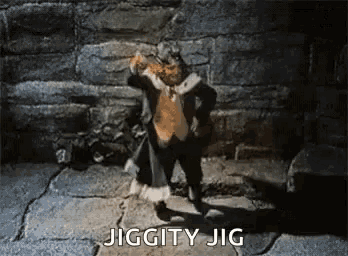 a cartoon character is dancing in front of a stone wall with the words jiggity jig written on the bottom .