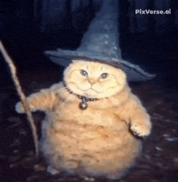 a cat is wearing a wizard hat and holding a wand