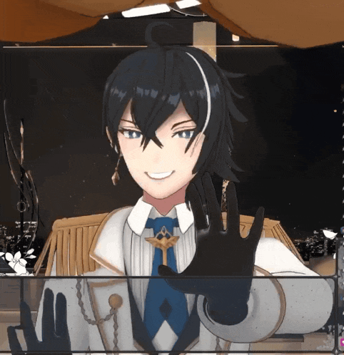 a cartoon character with black hair and blue eyes is smiling and giving a high five