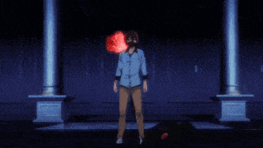 a man with a beard is standing in front of a pillar with a red light coming out of his mouth