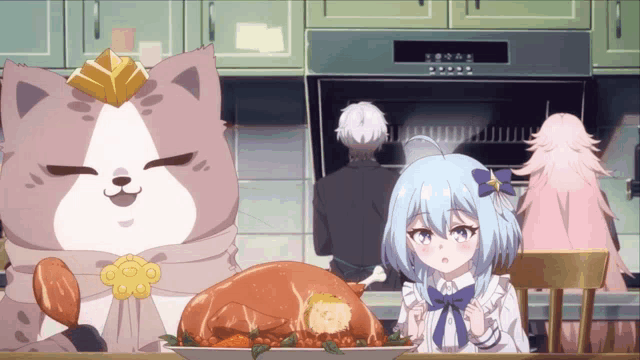 a cat and a girl are sitting at a table with a plate of food in front of them