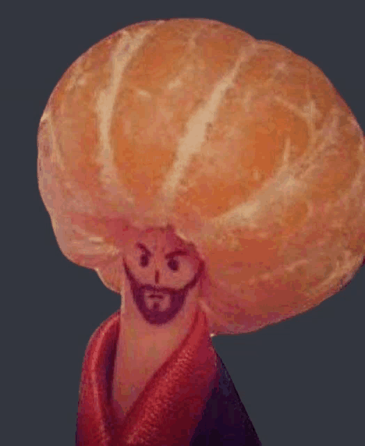 a drawing of a man with a beard and a big orange hat on his head