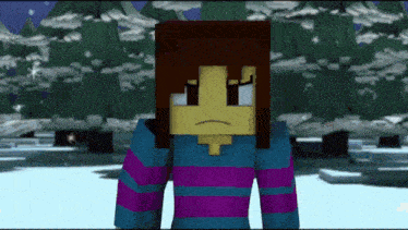 a cartoon character in a blue and purple striped shirt is standing in the snow
