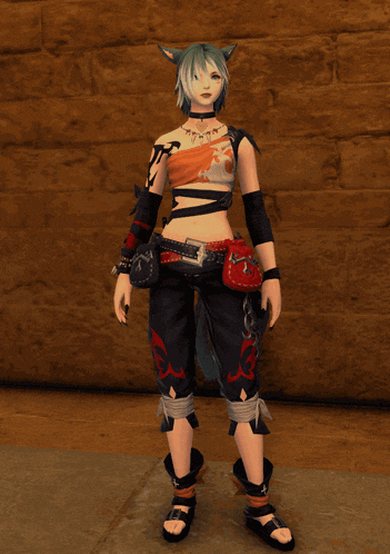 a girl with a cat ear on her head is standing in front of a brick wall with her arms outstretched