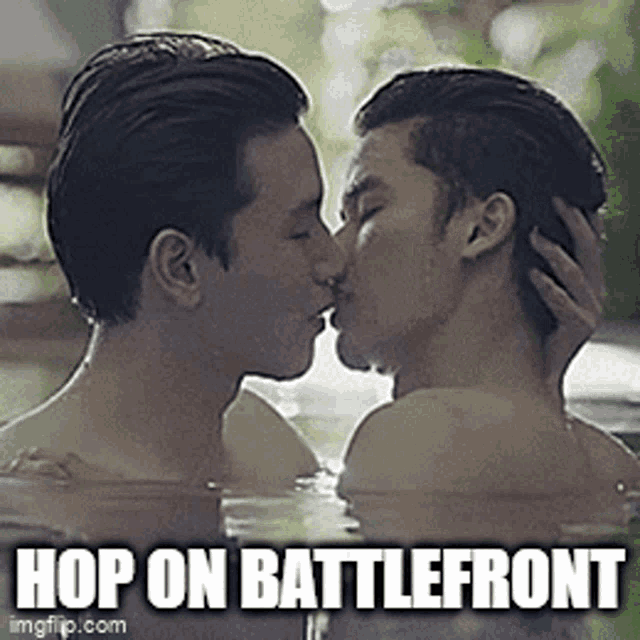 two men are kissing in a bathtub with the caption hop on battlefront .