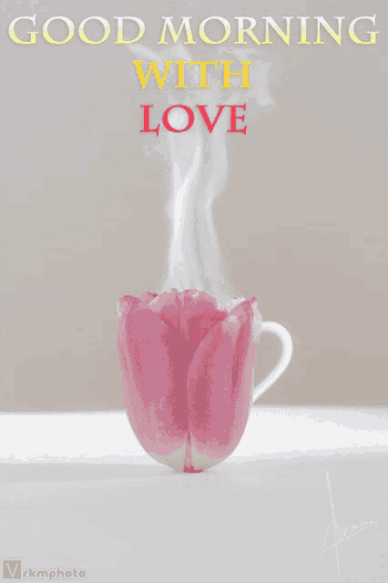 a good morning with love greeting card with a cup of coffee