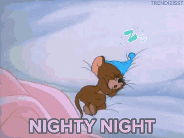 a cartoon of a mouse sleeping with the words nighty night below it