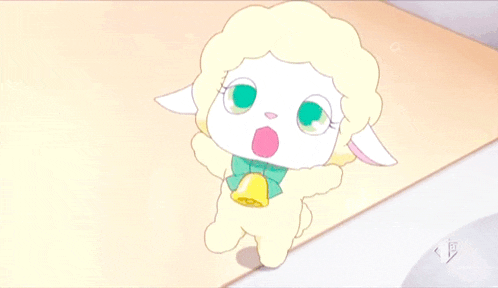 a cartoon sheep with a bell and a cell phone in its mouth