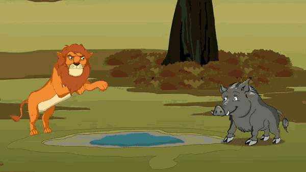 a cartoon of a lion and a boar near a puddle