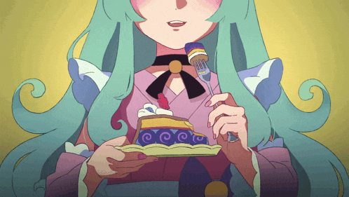 a girl with long green hair is holding a piece of cake and a fork