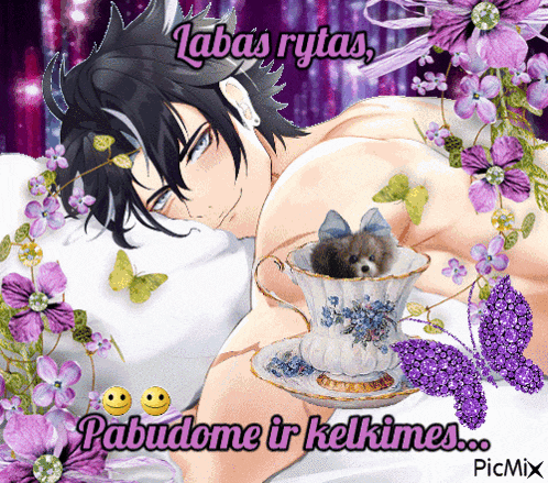 a picture of a man laying on a bed with purple flowers and a teacup with a puppy in it