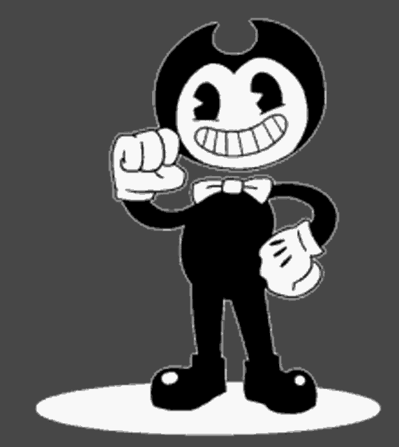 a black and white cartoon character with a bow tie is giving a fist bump .