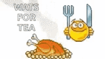a cartoon of a smiley face holding a knife and fork next to a roasted turkey .