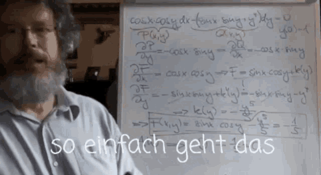 a man with a beard stands in front of a white board with math equations on it and the words so einfach geht das below him