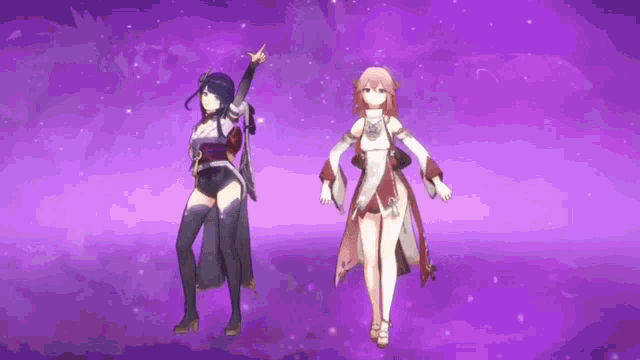 a couple of anime girls are dancing together on a purple background .