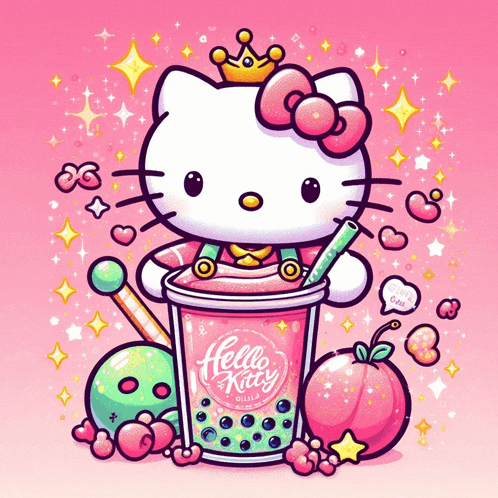 a cartoon of hello kitty holding a cup of tea