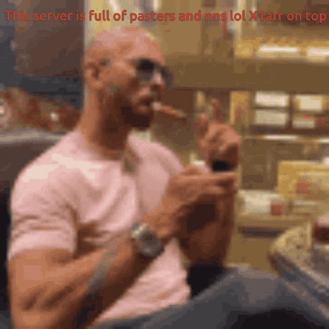 a man smoking a cigar with the words " this server is full of pasters and nns lol x1arr on top "
