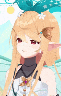 a close up of a girl with long blonde hair and a flower in her hair