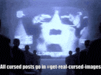 a group of people are looking at a screen that says all cursed posts go in #get-real-cursed-images