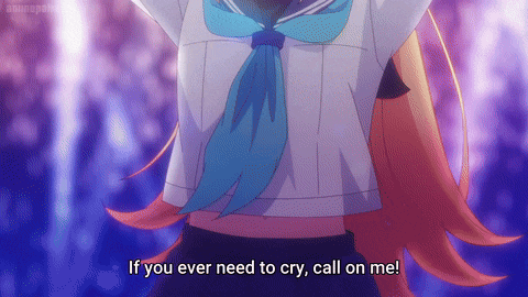 a girl in a school uniform with a blue tie says if you ever need to cry call on me