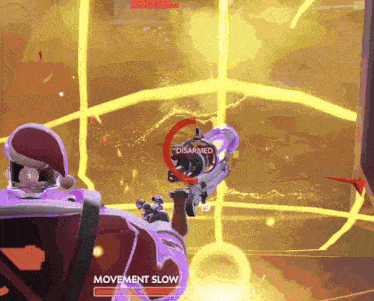 a video game screen shows a purple robot with a santa hat holding a gun and says movement slow